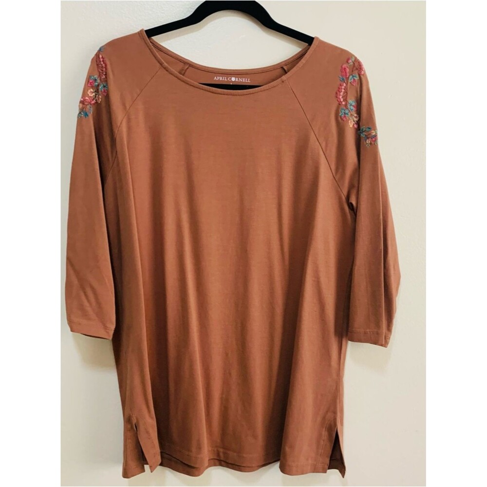 April Cornell Rust Brown Embroidered Shoulder Tunic Top size large